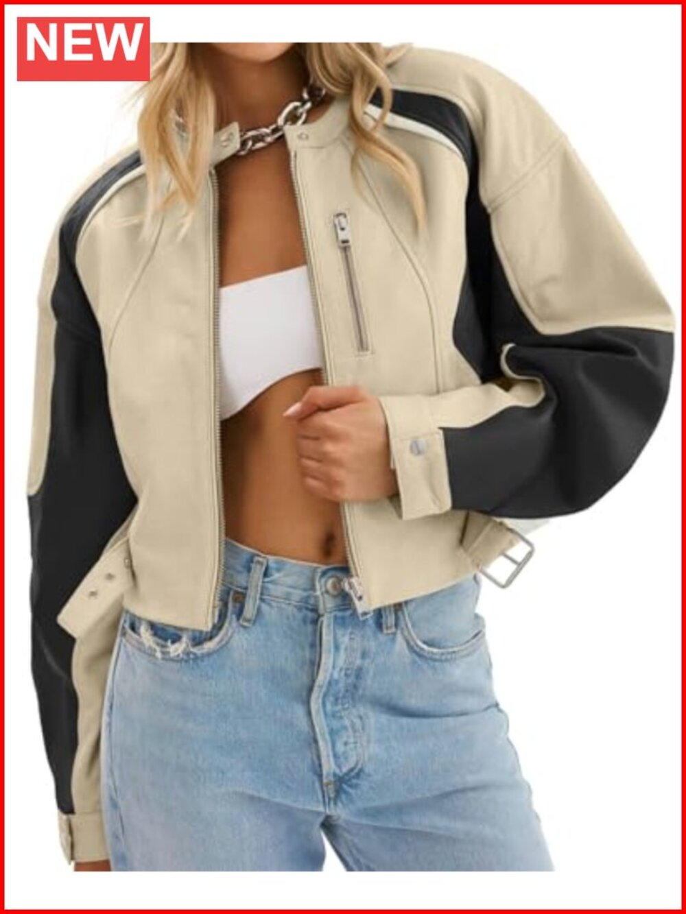Faux Leather Bomber Jacket Cropped Moto Biker Coat Collarless Zip